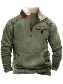 Herren Western Fleecejacke Cowboy Bull Head Print Pullover 1/4 Reißverschluss Stehkragen Langarm Country Sweatshirts B3 XXL von BBauer