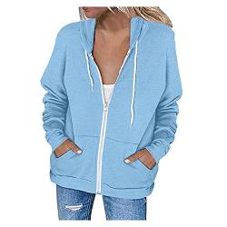 BBring Damen Kapuzen Reißverschlusstasche Langarm Sweatshirt Jacke Hellblau L Damen Hoodie Full Zip Langarm Leichte Sweatshirts Taschen Jacke Mantel DE7 (L, Hellblau) von BBring