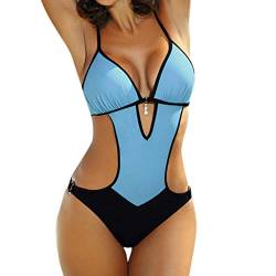 BBring Damen Sexy Einteiliger Badeanzug Einfarbig Träger Niedrige V-Ausschnitt Bikini Hohl Monokini Badebekleidung (L, Blau) von BBring