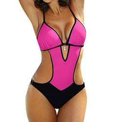 BBring Damen Sexy Einteiliger Badeanzug Einfarbig Träger Niedrige V-Ausschnitt Bikini Hohl Monokini Badebekleidung (M, Hell Rosa) von BBring