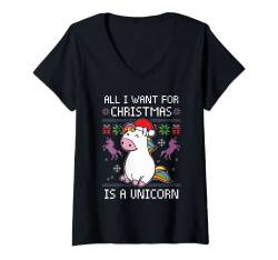 Damen All I Want For Christmas Is A Unicorn Ugly Christmas Sweater T-Shirt mit V-Ausschnitt von BCC Santa's Christmas Shirts & Weihnachtsgeschenke