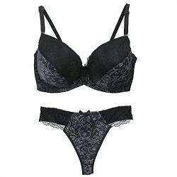 Damen BüGel Leicht Gepolsterter BH Plunge Cup BH Höschen Dessous Tanga Set 95-D von BCHRAYIUP