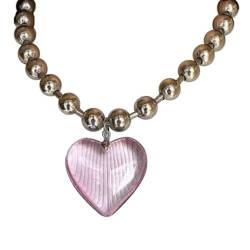BCIOUS Halskette mit Herzanhänger, Glasperlenkette, Halsketten für Frauen und Mädchen, Hyperbole, Punk, Choker-Halskette, Ornament, rosa Hip-Hop-Halskette für Frauen, Metall Glas von BCIOUS