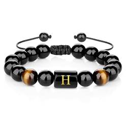 BCughia Perlen Armbänder, Herren Armband Schwarz Beads Armband Rundschliff Achat Alphabet H Gewebtes Perlenarmband Schmuck Geschenk 10mm von BCughia