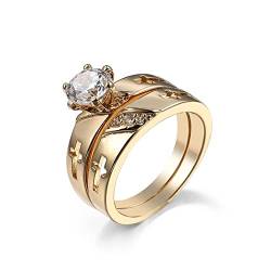 BCughia Ringe für Mädchen Und Junge, Passende Ringe für Paare Weiß Runden Zirkonia Vergoldet Kreuz mit Zwei Ringen Verlobung Engagement Damen Ring 54 von BCughia