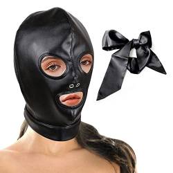 BDSMYEE Bondage SM Maske Sexspielzeug mit Satin Bondage Riemen,Einstellbar Elastisch Kopfmaske für Rollenspiel,Ledermaske fetisch Maske für Paar Männer Frauen(3 Löcher) von BDSMYEE