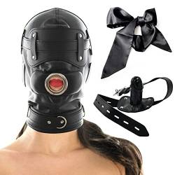 BDSMYEE Bondage SM Maske Sexspielzeug mit Satin Bondage Riemen,Einstellbar Elastisch Kopfmaske für Rollenspiel,Ledermaske fetisch Maske für Paar Männer Frauen(langer Dildo) von BDSMYEE