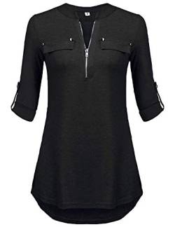 BDTECAOR 3/4 Arm Shirt Damen Baumwolle V-Ausschnitt Business Blusen Locker Tuniken für Leggings 1_Schwarz L von BDTECAOR