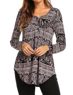 BDTECAOR Basic Shirt Damen Oversize V Ausschnitt Langarm Lockere Bluse Lässiges Leichte Oberteile B-Paisley Schwarz L von BDTECAOR