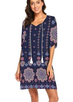 BDTECAOR Blumen Badeanzug Cover ups für Frauen Boho Casual Bademode Strand Tunika Kleid Sommerkleid Navy blau L von BDTECAOR