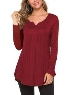 BDTECAOR Bluse Damen Elegant Langarm V-Ausschnitt Tshirts Herbst Lässige Oberteile Tunika A-Weinrot XXL von BDTECAOR