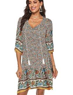 BDTECAOR Boho Kleid Damen Kurz Casual Blumen Kleid Tunika Sommerkleid Badeanzug Cover Ups Aprikose XL von BDTECAOR