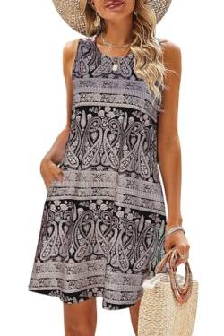 BDTECAOR Boho Kleid Damen Sommerkleid Retro Ärmellose Strand Kleid Fließendes Kurz Minikleid 04 Schwarz Bedruckt XL von BDTECAOR