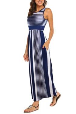 BDTECAOR Casual Sommerkleid Damen Lang Boho Maxikleid mit Taschen Marineweiß S von BDTECAOR