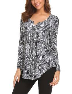 BDTECAOR Damen Bluse V Ausschnitt Tunika Langarm Plissier Lockere Oberteile Shirts B-Mehrfarbig Schwarz L von BDTECAOR