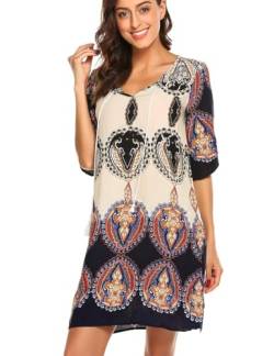 BDTECAOR Damen Bohemian Vintage Rüschenärmel Geblümt Gedruckt Ethnic Sommer Minikleid Strandkleid Dunkelblau M von BDTECAOR