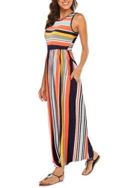 BDTECAOR Damen Boho Casual Sommer Maxi Ärmelloses Langes Kleid mit Taschen Mehrfarbige Streifen S von BDTECAOR