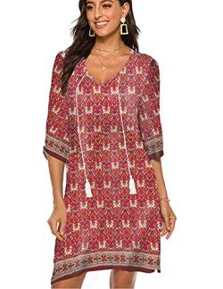 BDTECAOR Damen Boho Strandkleider Sommer Casual Quasten Krawattenhals mit Blumenmuster Tunika Shift Kleid Litschi Rot XL von BDTECAOR