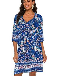 BDTECAOR Damen Casual Blumenmuster Krawattenhals Kurzarm Sommer Tunika Kleid Mini Boho Kleid Hellblau XL von BDTECAOR