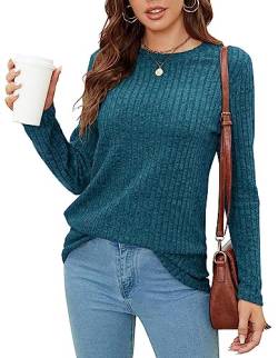 BDTECAOR Damen Casual Sweatshirt Gerippter Flausch Leichte Rundhals Langarm Blusen Pfauenblau L von BDTECAOR