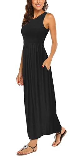 BDTECAOR Damen Kleider Ärmellos Langes Maxi Sommerkleid für Strand Boho Kleid mit Taschen Schwarz XL von BDTECAOR
