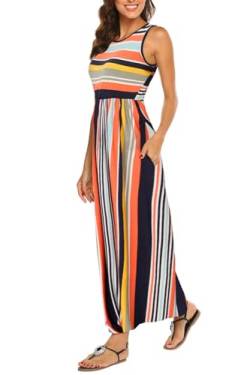 BDTECAOR Damen Sommer Casual Einfarbig Ärmellose Lockere Strandkleid Maxi Kleid mit Taschen Mehrfarbige Streifen L von BDTECAOR