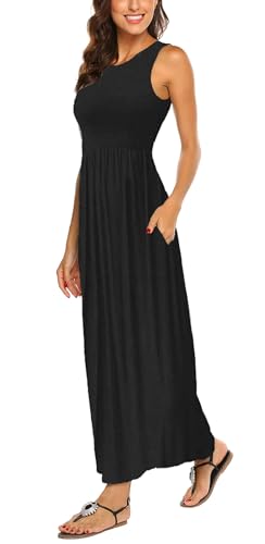 BDTECAOR Damen Sommer Strandkleid Gestreift Ärmellos Lässig Locker Hawaii Maxikleider mit Taschen Schwarz M von BDTECAOR