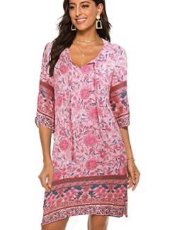 BDTECAOR Frauen Sommer Blumen Ethnische Coverup Kleid Lockere Casual Tunika Boho Kleid Rosa XL von BDTECAOR