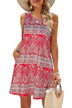 BDTECAOR Shirtkleider Damen Sommer Ärmellos Kleid Bohemian Bedruckt Lässig Sommer Strandkleider mit Taschen 03 Rot Bedruckt L von BDTECAOR