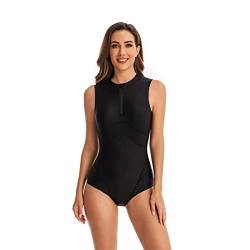 BEACHKINI One-Piece Swimsuit for Women Long-Sleeved Swimwear with Front Zip Triangle Swimsuit Rash Guards,02 Schwarz,XL von BEACHKINI