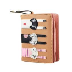 BEAHING Kleine Frauen Brieftasche niedliche Katzen Muster Kurzmünze Geldbörse mit Reißverschluss Kreditkartenhülle für Mädchen Hellbraun, Kleiner Brieftasche für Frauen von BEAHING