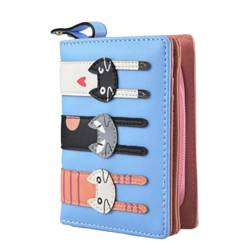 BEAHING Kleine Frauen Brieftasche niedliche Katzen Muster Kurzmünze Geldbörse mit Reißverschluss Kreditkartenhülle für Mädchen hellblau, Kleiner Brieftasche für Frauen von BEAHING