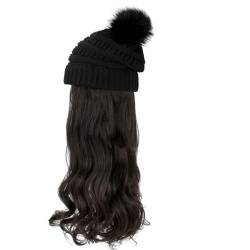 Hutperücke abnehmbare 23,6 lange, wellige lockige Haarhüte für Frauen Winter warmes weiches gestrickter Hüte mit Haaren für schwarze Frauen, Hutperücken für Frauen von BEAHING