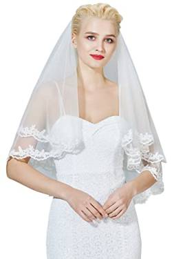 BEAUTELICATE Brautschleier Hochzeitsschleier Schleier Blusher mit Spitze für Braut Hochzeit Kurz Weiß Elfenbein Ivory Mit Metall Kamm 2 Schicht von BEAUTELICATE