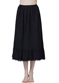 BEAUTELICATE Damen Unterrock 100% Baumwolle Vintage Halbrock Lang Mit Rüsche Spitzenbesatz Röck Half Slip Petticoat (Schwarz, M) von BEAUTELICATE