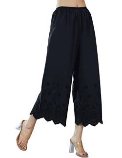 BEAUTELICATE Hosenunterröcke Damen 100% Baumwolle Schlafanzughosen Pyjamahose Viktorianisch Anti-Static Hosenrock Gerade Hosen mit Bestickte Spitze Elastische Taille (Schwarz - Bestickte Spitze, L) von BEAUTELICATE