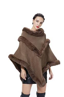 BEAUTELICATE Kunstpelz Poncho Umhang Damen Strick Cape Stola Mit Kunstfell Kragen Herbst Winter Lose Pullover (Khaki, Einheitsgröße) von BEAUTELICATE