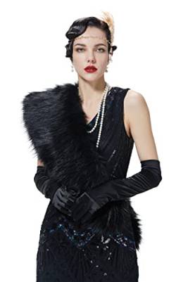 BEAUTELICATE Kunstpelz Schal Stola Bolero Damen Brautschal Wrap Jacke Mantel Winter Hochzeit Gatsby 1920er Jahre Kostüm (Schwarz, Normal Size 125cm) von BEAUTELICATE