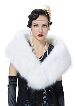 BEAUTELICATE Kunstpelz Schal Stola Bolero Damen Brautschal Wrap Jacke Mantel Winter Hochzeit Gatsby 1920er Jahre Kostüm (Weiß, Normal Size 125cm) von BEAUTELICATE