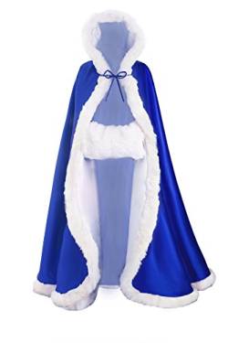 BEAUTELICATE Umhang Damen Mit Kapuze Cape Hochzeit Braut Winter Mit Pelzbesatz in Voller Länge Mehrere Farben FREIER Hand MUFF, Royal Blue, Länge:140cm(55) von BEAUTELICATE