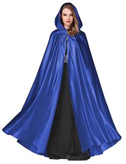 BEAUTELICATE Umhang Damen mit Kapuze Satin Cape Mantel Lang für Hochzeit Brautkleid Fasching Halloween Kostüm Mittelalter Robe Vampir Hexen (Königsblau, Einheitsgröße) von BEAUTELICATE