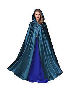 BEAUTELICATE Umhang Damen mit Kapuze Satin Cape Mantel Lang für Hochzeit Brautkleid Fasching Halloween Kostüm Mittelalter Robe Vampir Hexen (Pfauen Blau, Einheitsgröße) von BEAUTELICATE