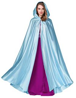 BEAUTELICATE Umhang Damen mit Kapuze Satin Cape Mantel Lang für Hochzeit Brautkleid Fasching Halloween Kostüm Mittelalter Robe Vampir Hexen (Puderblau, Einheitsgröße) von BEAUTELICATE