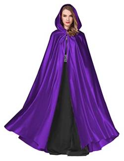 BEAUTELICATE Umhang Damen mit Kapuze Satin Cape Mantel Lang für Hochzeit Brautkleid Fasching Halloween Kostüm Mittelalter Robe Vampir Hexen (Purple, Einheitsgröße) von BEAUTELICATE