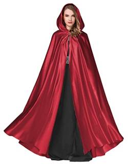 BEAUTELICATE Umhang Damen mit Kapuze Satin Cape Mantel Lang für Hochzeit Brautkleid Fasching Halloween Kostüm Mittelalter Robe Vampir Hexen (Rot, Einheitsgröße) von BEAUTELICATE