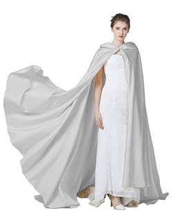 BEAUTELICATE Umhang Damen mit Kapuze Satin Cape Mantel Lang für Hochzeit Brautkleid Fasching Halloween Kostüm Mittelalter Robe Vampir Hexen (Silber - Lang Schwanz) von BEAUTELICATE