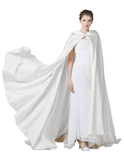 BEAUTELICATE Umhang Damen mit Kapuze Satin Cape Mantel Lang für Hochzeit Brautkleid Fasching Halloween Kostüm Mittelalter Robe Vampir Hexen (Weiß - Langer Schwanz) von BEAUTELICATE