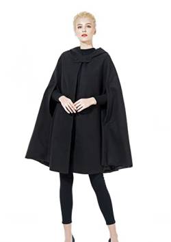 BEAUTELICATE Umhang mit Kapuze Mantel Wollmischung Damen Poncho Cape Lose Trenchcoat Outwear Hochzeit Herbst Winter Halloween Weihnachten (Schwarz - Halbe Länge 90cm, Einheitsgröße) von BEAUTELICATE