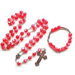 BEBIKR Rosenkranz-Halskette mit katholischen roten Acrylperlen, Kreuz-Armband, religiöse, lange Kette für Frauen und Mädchen, christlicher Schmuck, Taufe, Sonstige von BEBIKR