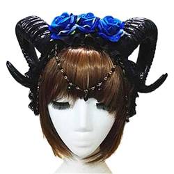 Haarband für Damen, Gothic-Stil, mystisches Schafhorn, Stirnband, Rose, Blumenschmuck, Anhänger, Kette, Haarreif von BEBIKR